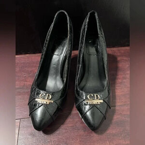 Christian DIOR Heels Shoes Designer Black/Gold Pointed Toe Pumps Size 4 (35) EUC